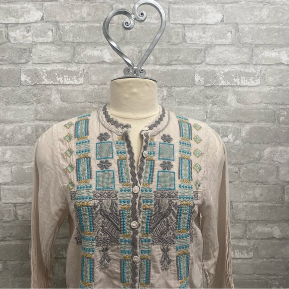 Johnny Was Biya Cream and Blue Mixed Print Long Sleeve Tunic - Picture 4 of 13